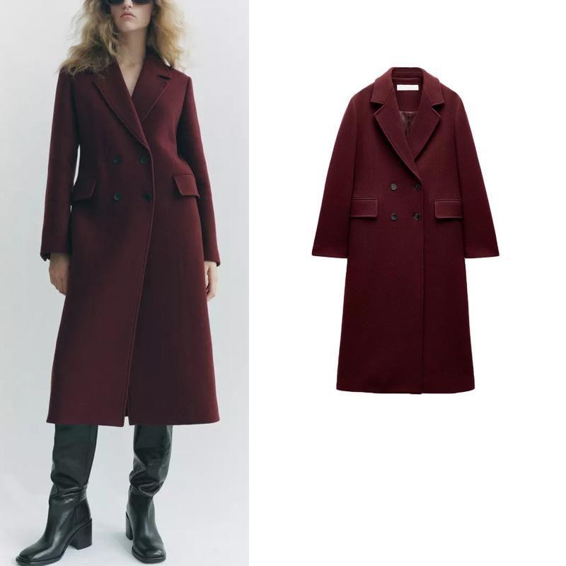 Autumn and Winter New Women clothes Lapel Loose Double Breasted Wine Red Wool blend coat Outerwear 9231756