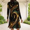 Women Plus Size Long Sleeve Round Neck Black Green Gold Printed A Line Dress