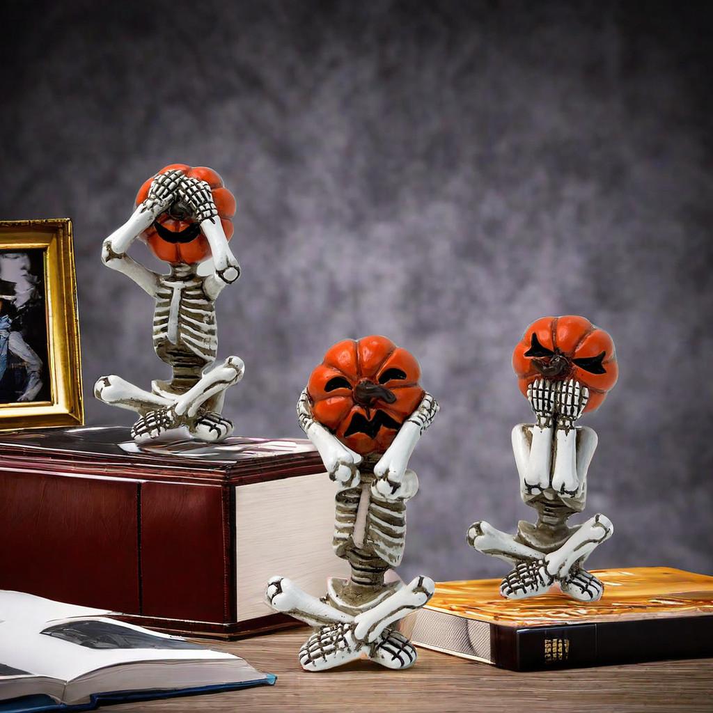 Delightful White Pumpkin Skull Set Three Resin Figurines Perfect For Halloween Parties