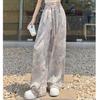 Summer Women Vintage Print High Waist Lace-up Pant Wide Leg Trouser With Pocket For Girls
