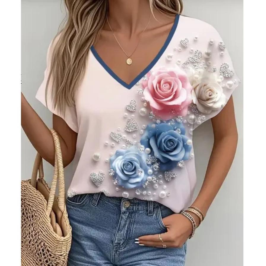 Summer Women Beautiful Flowers V Neck Casual Fashion Tops Comfortable Loose Short Sleeve T-shirt