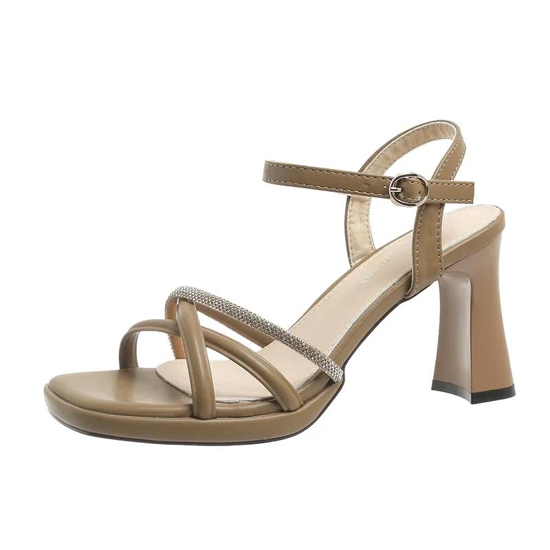 

Fashion Women s Sandals 2025 New Modern Elegant Dress Woman Shoes Square Toe Crystal Buckle Strap High Heels Female Luxury Heeled Sandal 35