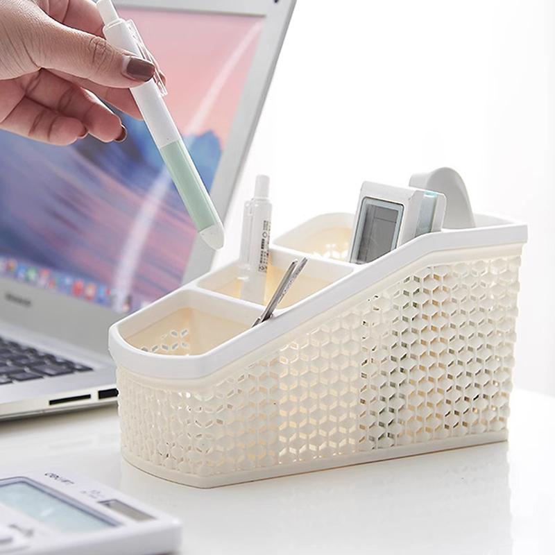 Morandi Style Plastic Desktop Organizer With 4 Compartments - A Roomy Hollow Storage Box For Cosmetics, Office Items