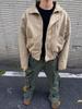 Unisex Khaki Wide Bomber Jacket: American-Style, Stand Collar, Distressed Workwear 