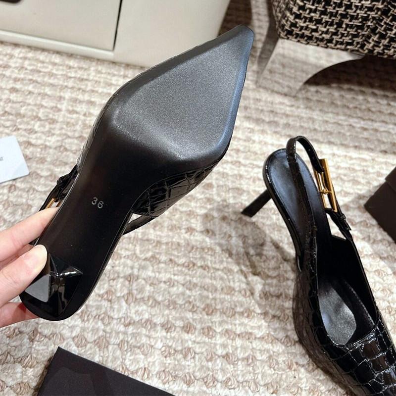 Fashion Patent Leather Pattern Thin High Heels Women Sexy Pointed Toe Metal Buckles Slingback Heeled Sandals Elegant Banquet Dress Shoes