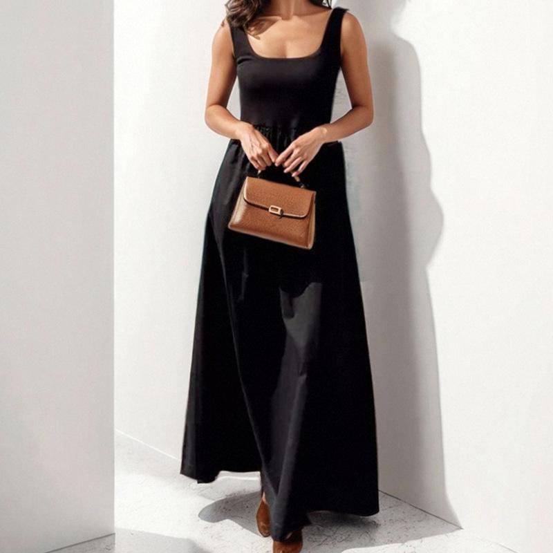 Spring new, fashionable and elegant solid color splicing sleeveless suspender dress S чёрный