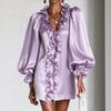 Damen Deep V-Ausschnitt Rüschenkragen Puffärmel Glänzendes Chiffon Kurzes Kleid für Elegante Anlässe