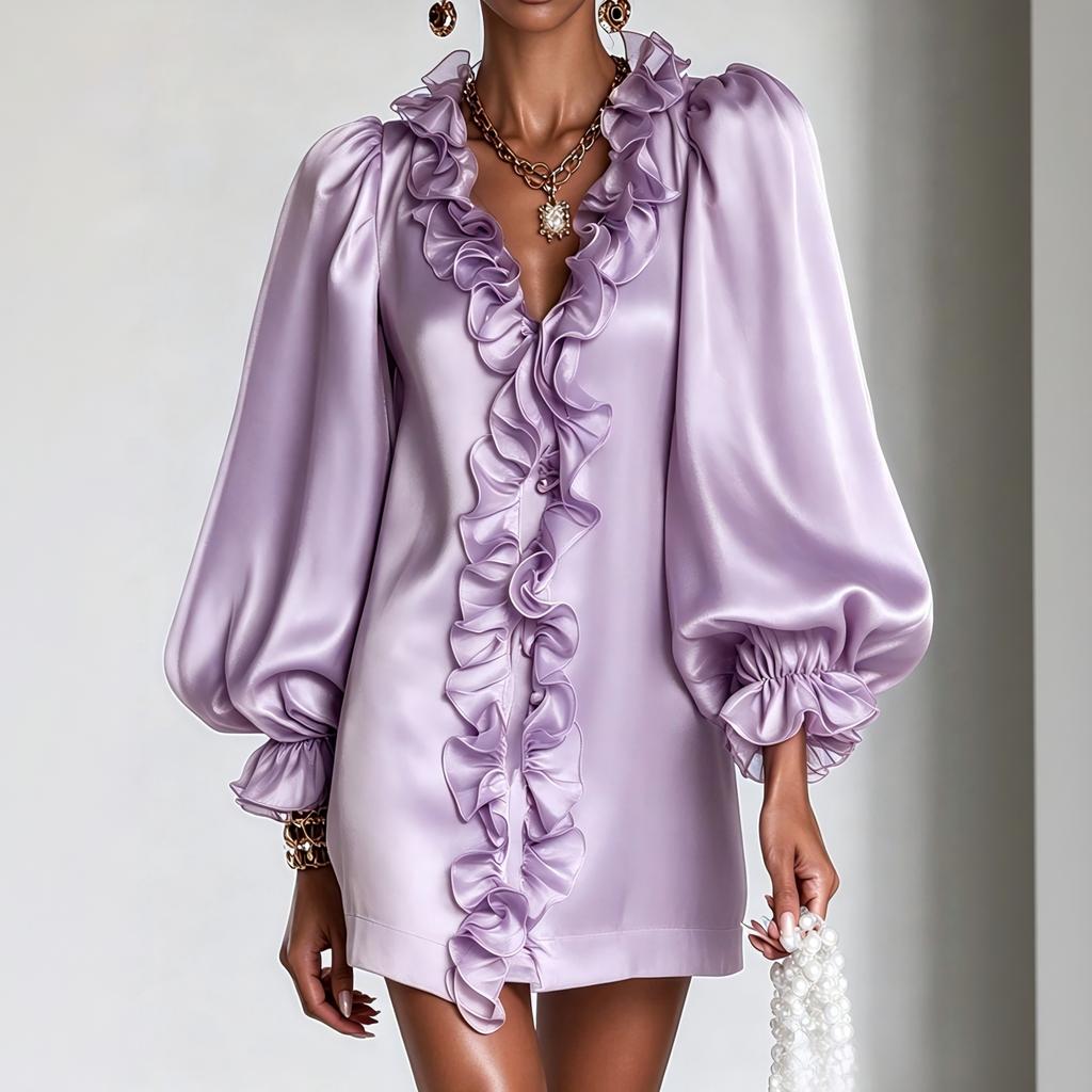 Damen Deep V-Ausschnitt Rüschenkragen Puffärmel Glänzendes Chiffon Kurzes Kleid für Elegante Anlässe