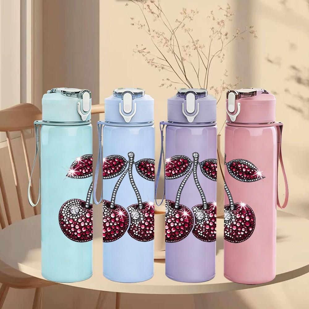 1PC Dark Red Pair Cherry Fruit Print 750ml Color Plastic Sports Water Bottle Leakproof Flip Straw Lid Suitable for Sports Office Home Use