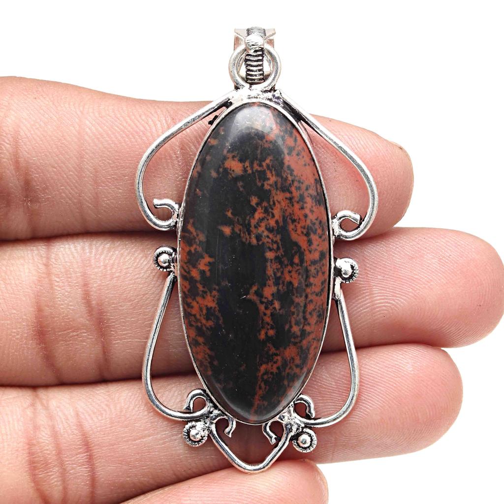 Pendant Mahogany Obsidian Gemstone Handicraft Valentine'Day Silver Jewelry 2"