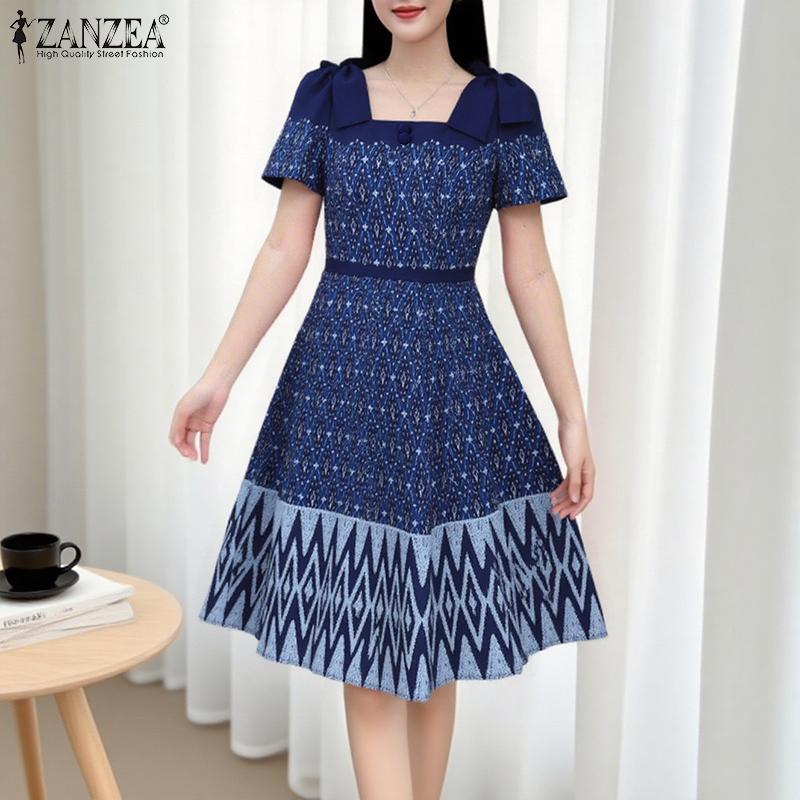ZANZEA Womens Print Casual Square Neck Summer Short Sleeve Dress