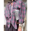 Striped Plaid Shirts Loose Women Retro Style 2026 Spring/Autumn Lapel Checkered Long Sleeve Pocket Blouse Casual Simple Elegant Tops Office Clothing