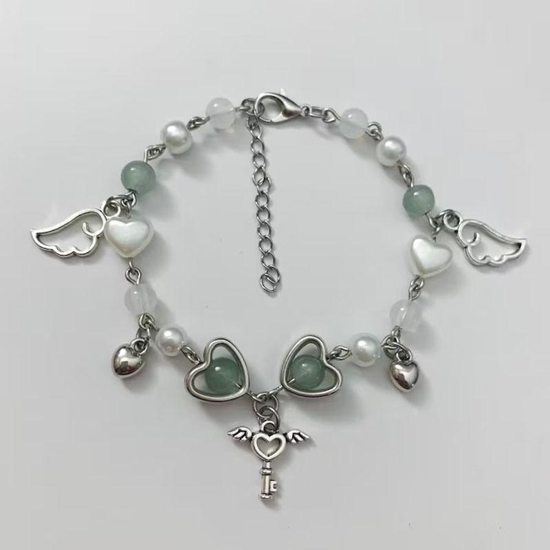 Módní korálkový náramek Lásky s křídly, Vynikající Láska Y2K Růžový přívěsek klíče, Dámské párty šperky, Dárek pro přítelkyni