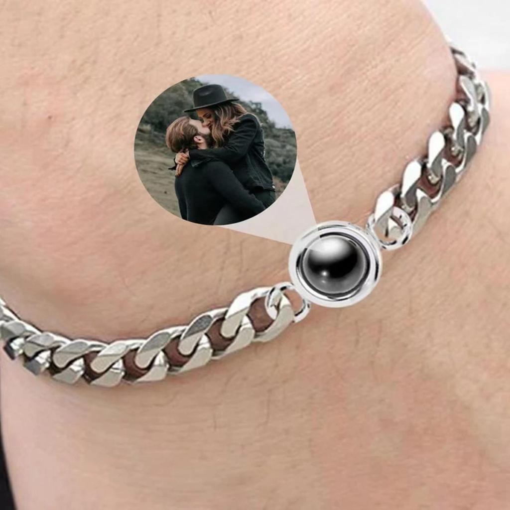 Projection Titanium Steel Couples Bracelet Set: 100 Languages Personalized Photo Text for Men & Women