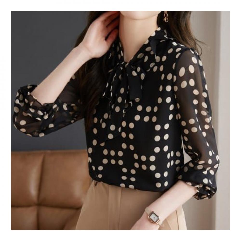 Navava Vintage Dot Ribbon Neck Blouse Nb1299