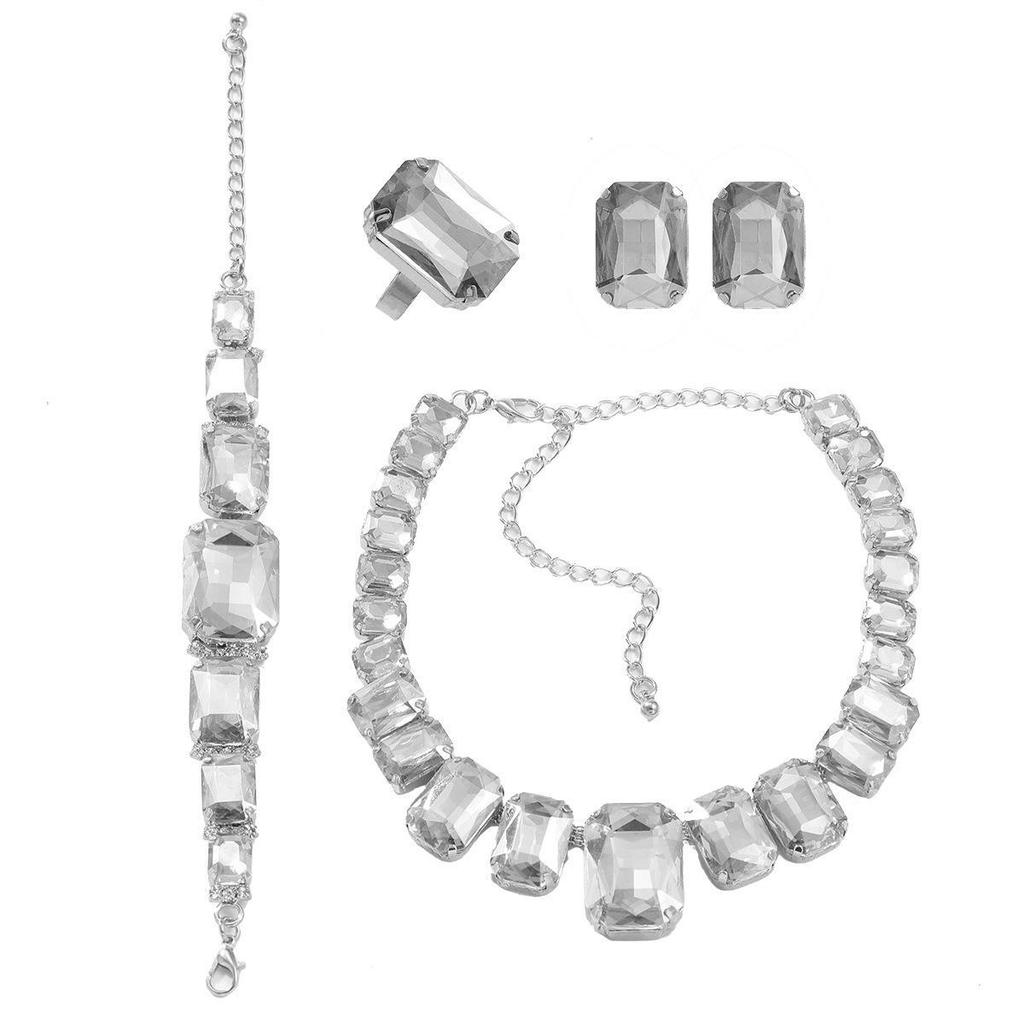 Exaggerated European & American Jewelry Set: Rhinestone Square Necklaces, Earrings, Bracelets - Fashionable, Versatile Accessories
