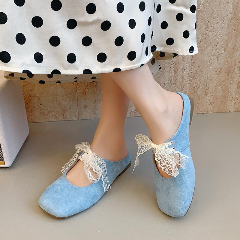 Flats Lace Women Slippers Casual Mules Shoes Square Toe Sandals 2025 Summer Dress Slingback Shoes Flip Flop Pantuflas Mujer