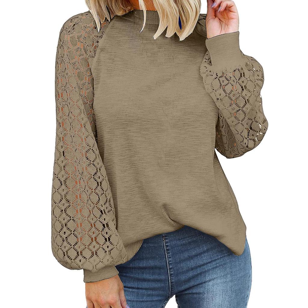 European and American new round neck long-sleeved lace splicing loose top women