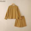 ZANZEA Women Long Sleeve Blouse and Shorts Casual Two Piece Suit Sets