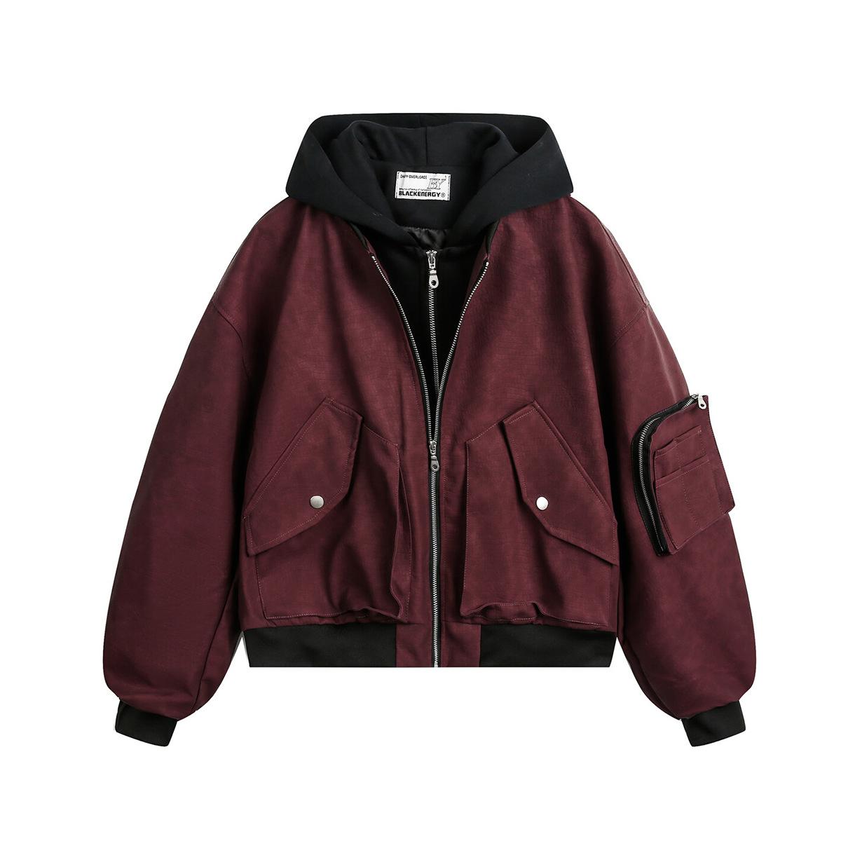 Trendy brand new American retro fake two-piece leather jacket flight jacket baseball jacket hooded S красный
