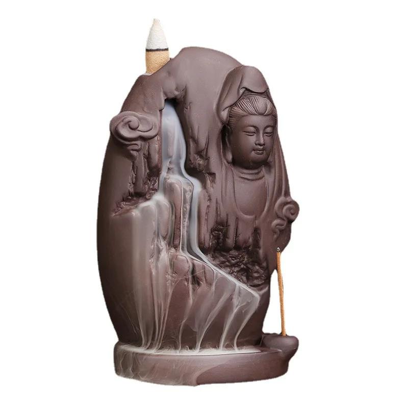 

Zen Lucky FengShui Ornaments Avalokitesvar Buddha Waterfall Backflow Incense Burner Incense Stick Holder Purple Censer Tea Pet