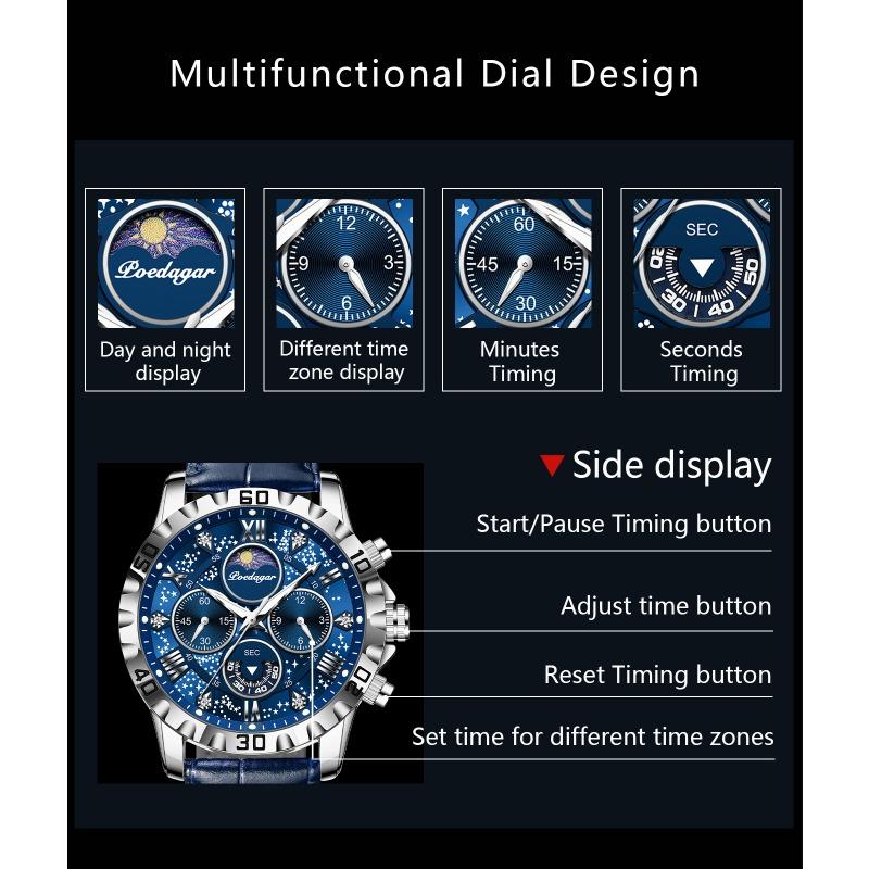 POEDAGAR Original Military Man Wristwatch Waterproof Luminous Chronograph Leather Strap Watches for Men Quartz Watch Reloj