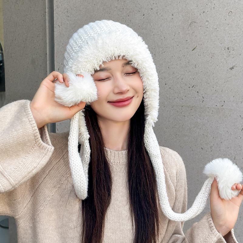 Plush Hat Solid Color Warm Knitted Hat Plush Ball Wool Hat Cute Hanging Ball Outdoor Hat Winter