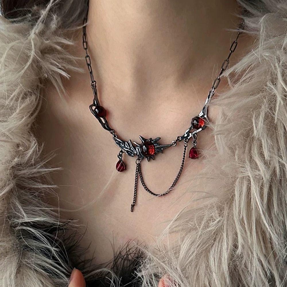 Punk Red Zircon Pendant Necklace Silver Black Collarbone Neck Chain Tassel Chain Choker  for Women