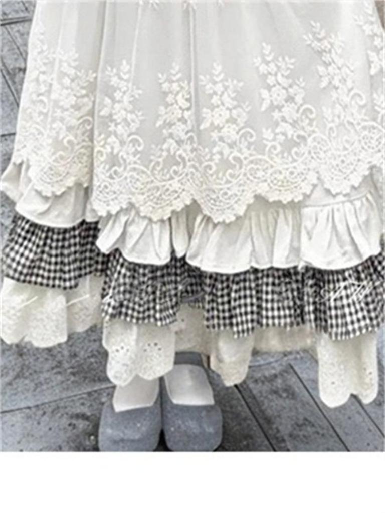 Forest Lace Plaid Patchwork Midi Skirt – Chic Spring/Autumn Design for Women