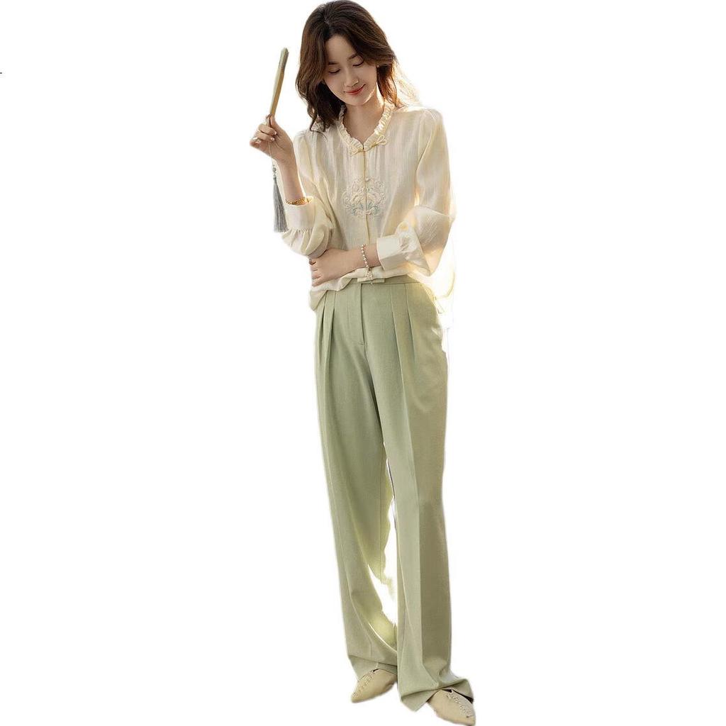 dme [Guangfengyue Shu] Spring Chinese-Style New Modern Lyocell Shirt with Embroidered Floral Motifs And Frog Buttons, Women's Blouse Top