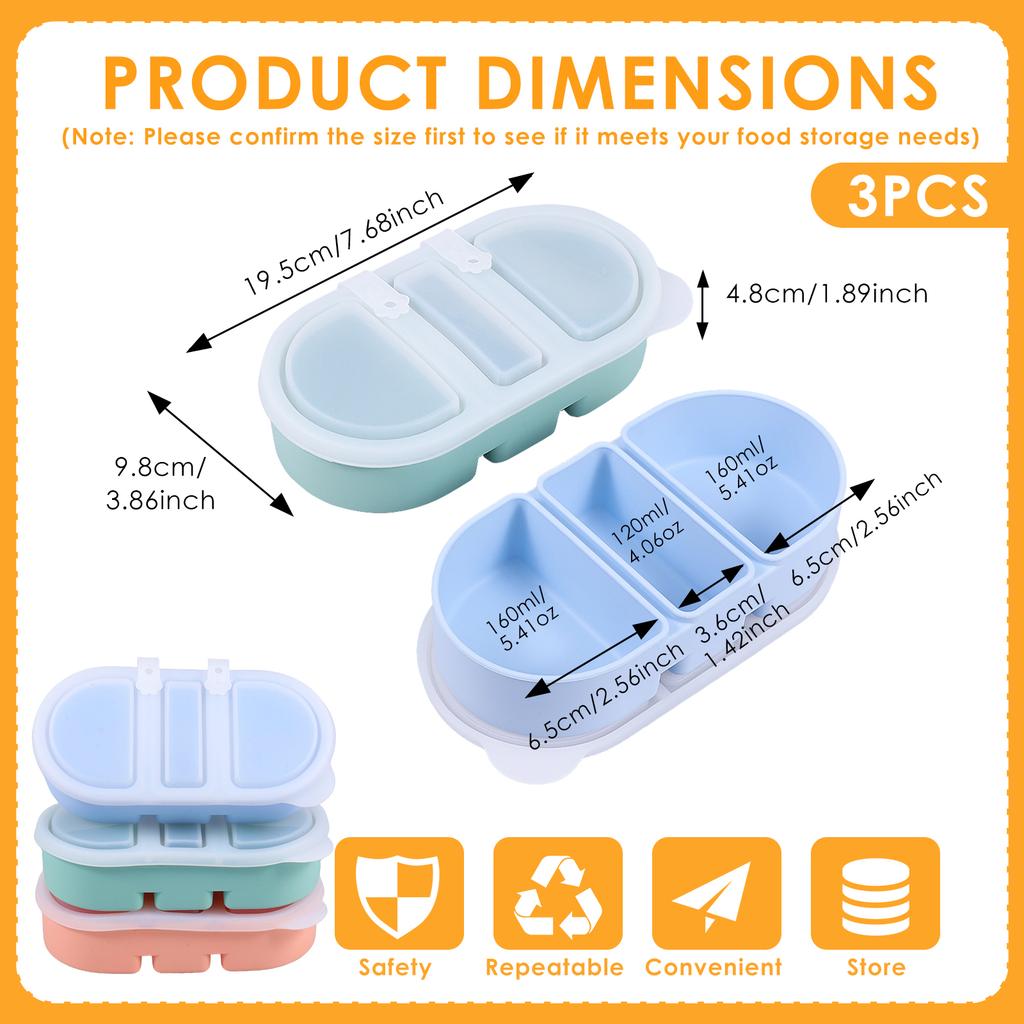 3 Pcs Silicone Snack Container 3 Compartments Reusable Salad Dressing Container with Clear Lid for Office Picnic Camping