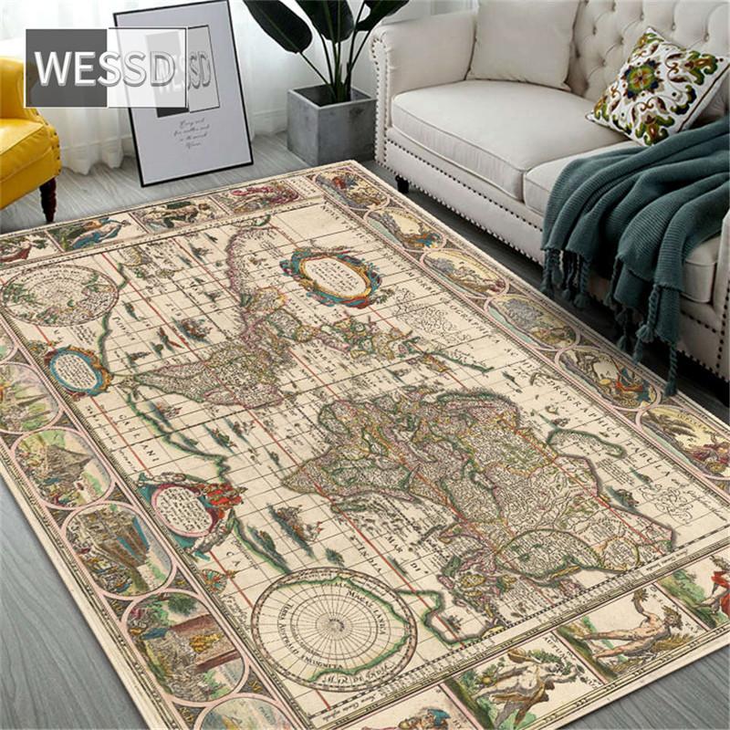 Retro Map Carpet Large Living Room Rug Bedroom Furniture Floor Mat Vintage Decoration Home Flannel Rug Washable Hall Carpet