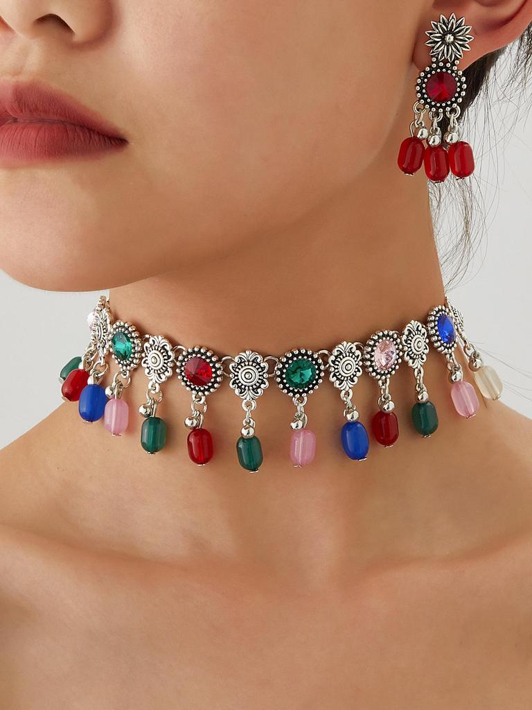 Boho Chic Beaded Tassel Choker Necklace & Retro Earrings Set for Women