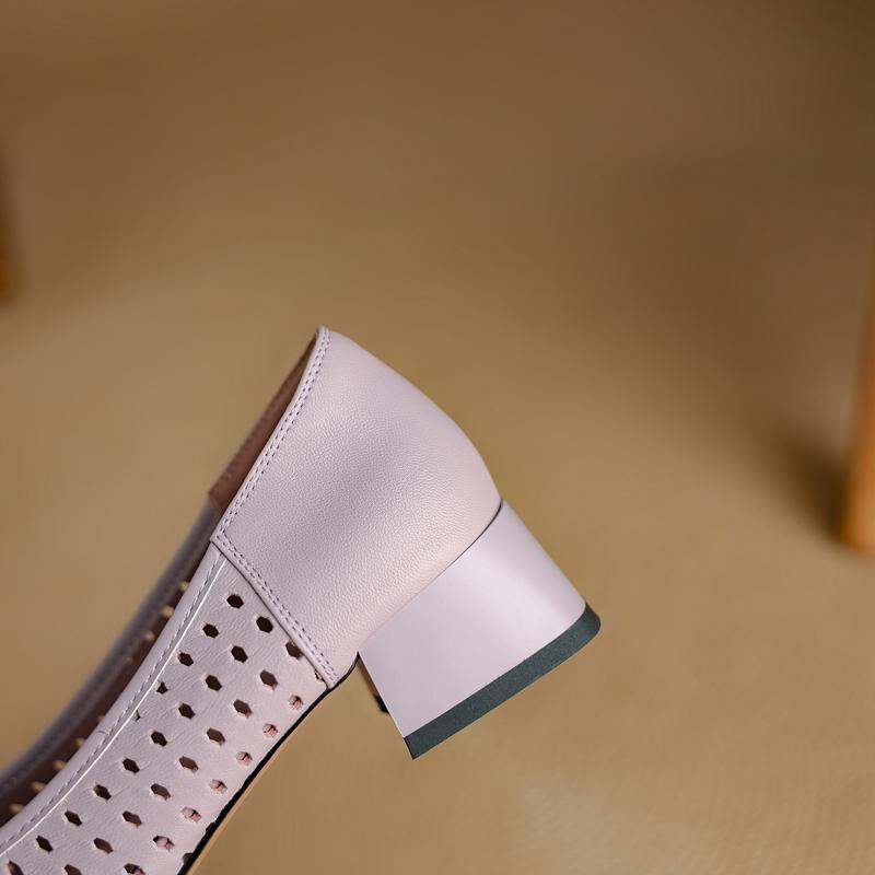 Fashion Women's new genuine leather square toe perforated breathable metal accessories, including follow-up shoes, perforated shoes