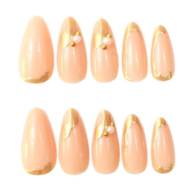 24 Nail Art High Fashion Three-Dimensional Gilt Design Pearl Long Almond Wearing Nail