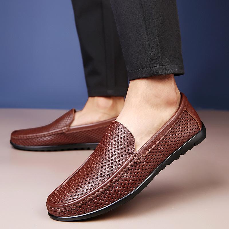 Men's Hollow Leather Slip-On Loafers - Breathable, Summer, Low-Top Flats, Large Size Cowhide Casual Shoes