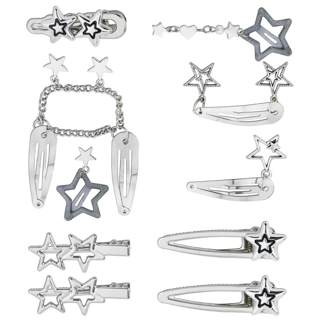 10Pcs/5Pcs Pentagrams Hair Snap Clips Star Charm Barrettes for Fashionable Women Metal Chain Hairpin Accessories