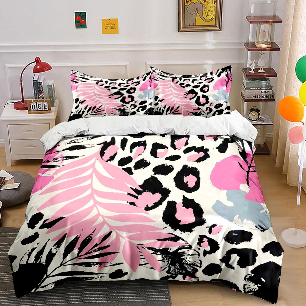 Tropical Floral And Leopard Print Set Exquisite Three-Piece Bedding Set Gift For Kids And Adults