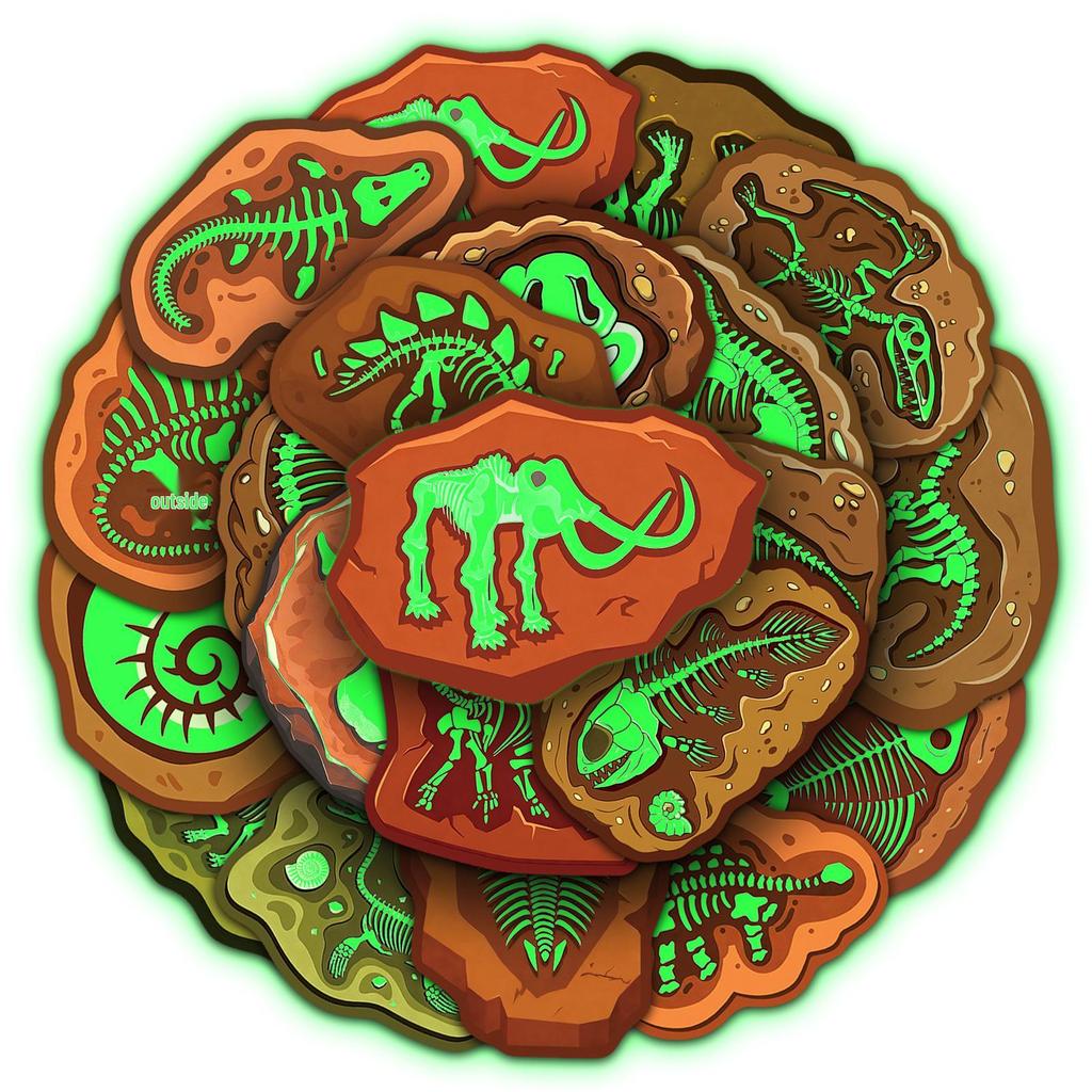 20 Luminous Dinosaur Fossil Glow-in-the-Dark Stickers: Retro Ammonite, Ancient Skeletons, Waterproof Decorative Journal Set