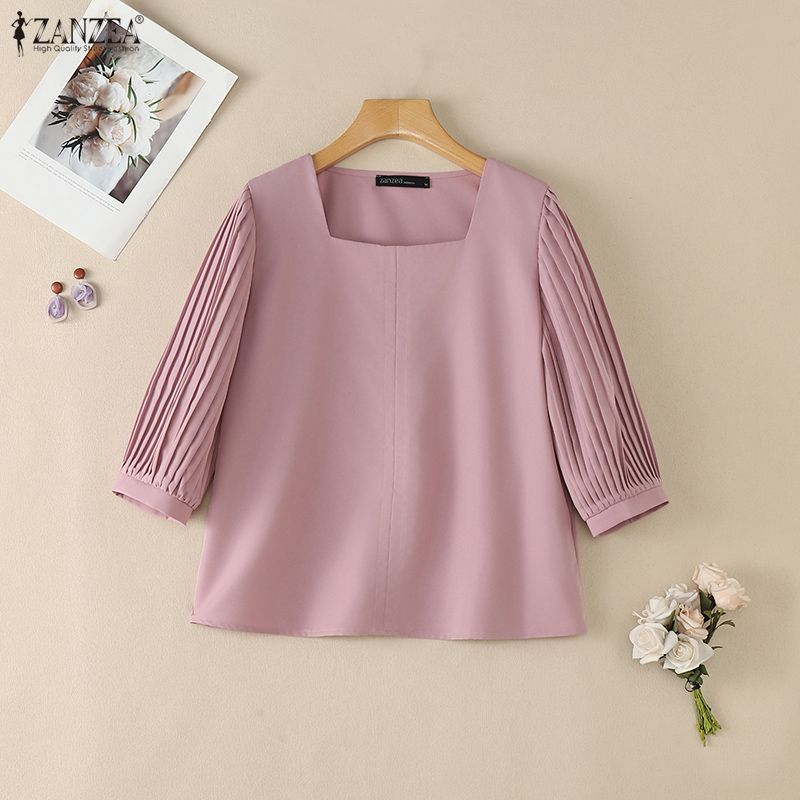 ZANZEA Women Square Collar Solid Color Loose Casual 3/4 Sleeve Blouse