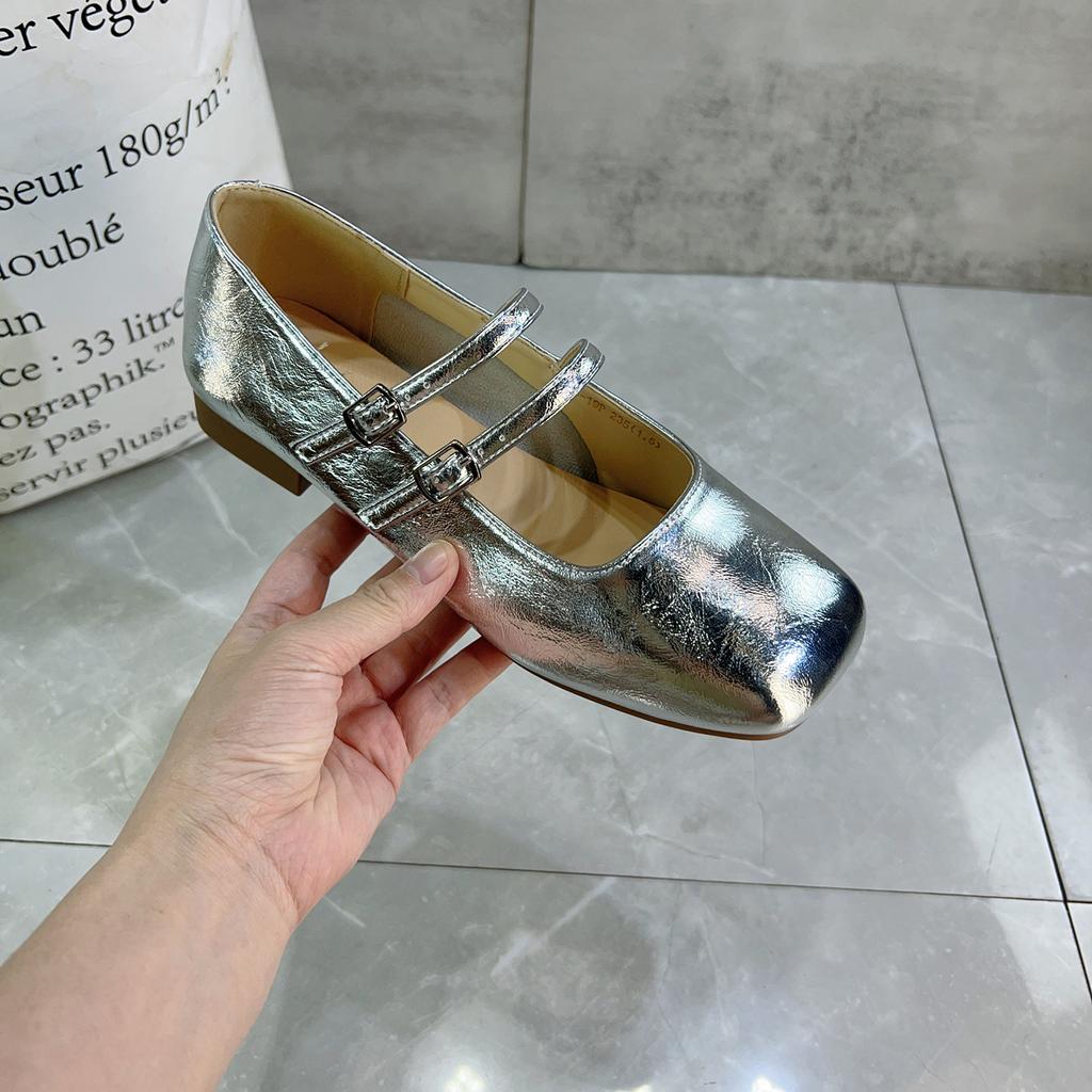 Flat-soled Single Shoes Women's 2025 Summer New Models with Skirts, Soft-soled Doudou Shoes, French Mary Jane Women's Shoes, Silver Small Leather Sh