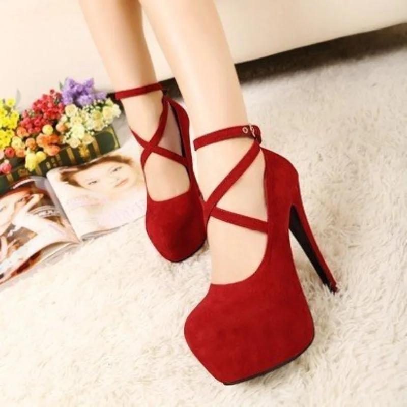 

Fashion Women Pumps High Heel 14cm Model Catwalk Round Toe Thin Heel Platform 4cm Large Size 35-46 Brand Fashion Shoes 42 красный