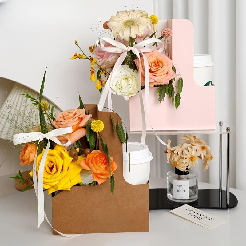 Pink Kraft Flower Gift Bags with Handles | Foldable 2-Cup Floral Wrap Packing Boxes for Weddings, Mother's Day, Anniversaries, and Birthday Parties