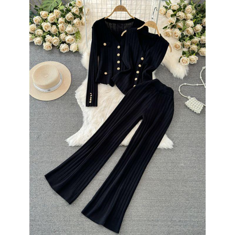 K-style V-neck Single Breasted Knitted Straight Fashion Suit