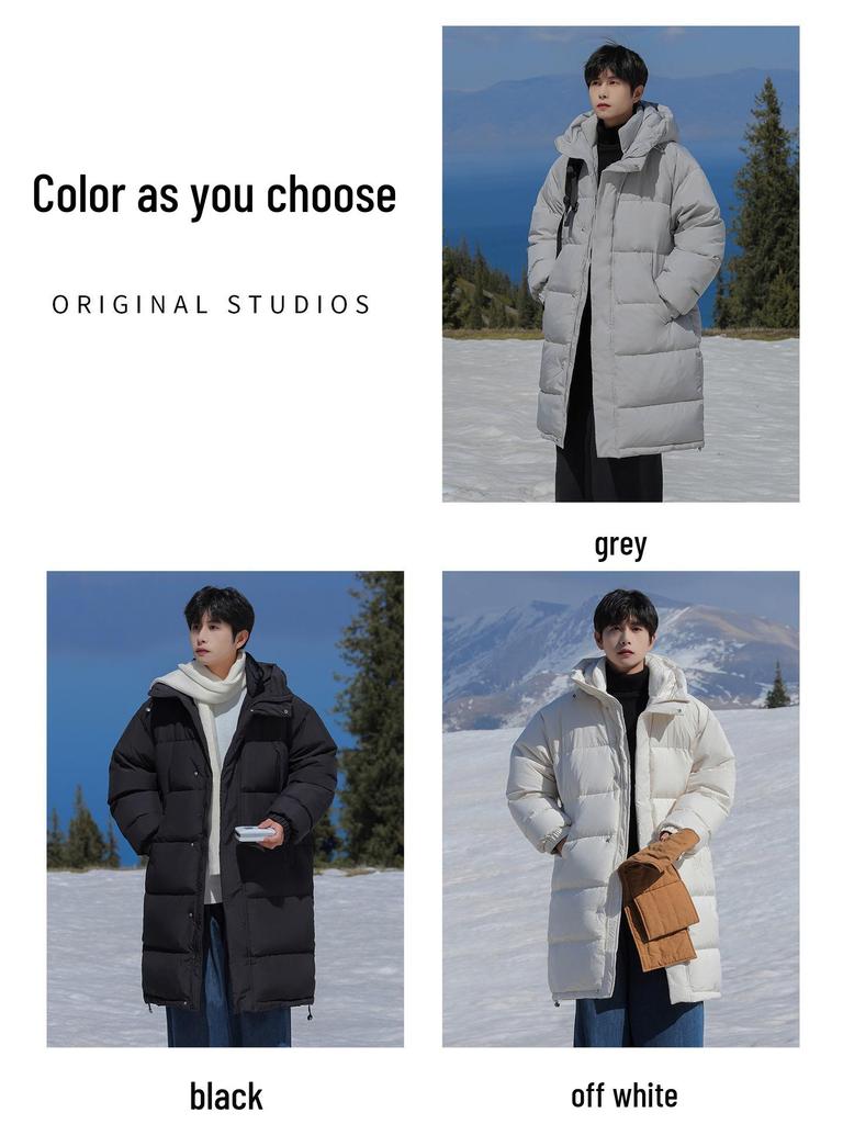 Herren Winter Mittellange Daunenjacke - Lässig, Warm, Lockerer Schnitt, Über das Knie, Verdickter Mantel mit Entendaunen.