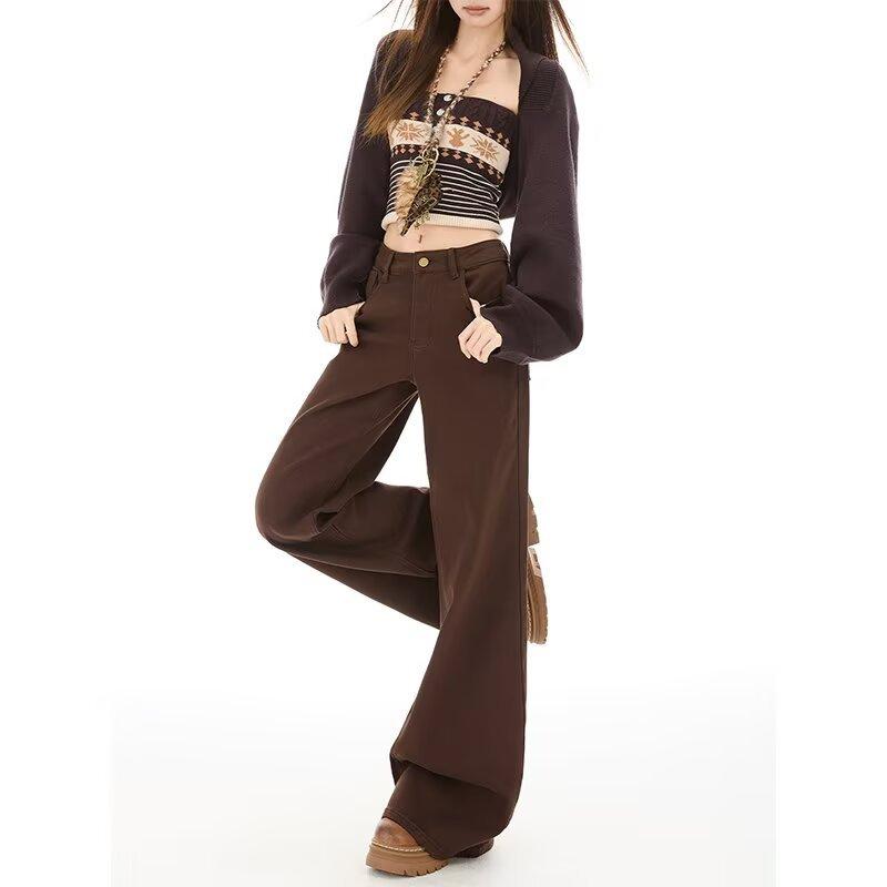 American Maillard coffee color slightly pulled jeans women's spring and autumn new high waist high and thin versatile floor flared pants