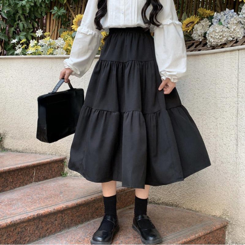 Kawaii Schwarz Langer Rock Damen Japanisch Lolita Niedlich Patchwork Hohe Taille Locker A-Linie Midirock Lässig Herbst Soft Girl