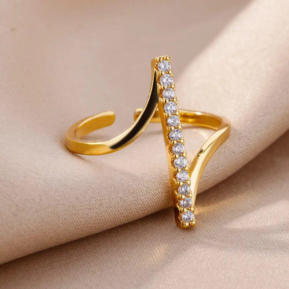Simple Shiny Zircon Geometric Rings for Women Stainless Steel Ring Opening Gold Plated Wedding Finger Ring Jewelry Party Gifts