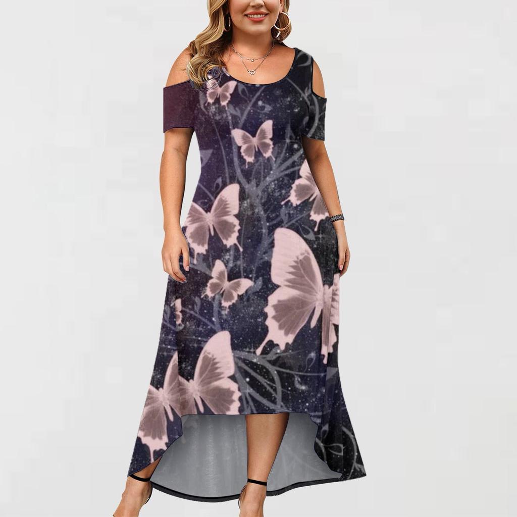 Kurzärmliges Kleid mit Rundhalsausschnitt, unregelmäßigem Saum und modischem Aufdruck für Damen in Übergröße