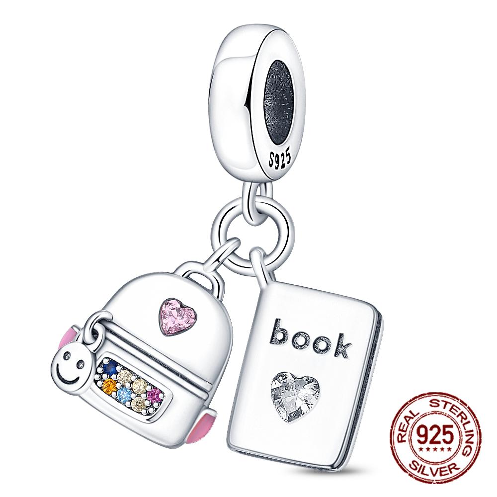 Copper School Backpack Book Pencil Trophy Charm Beads Fit The Original Charm Bracelet Women Diy Jewelry